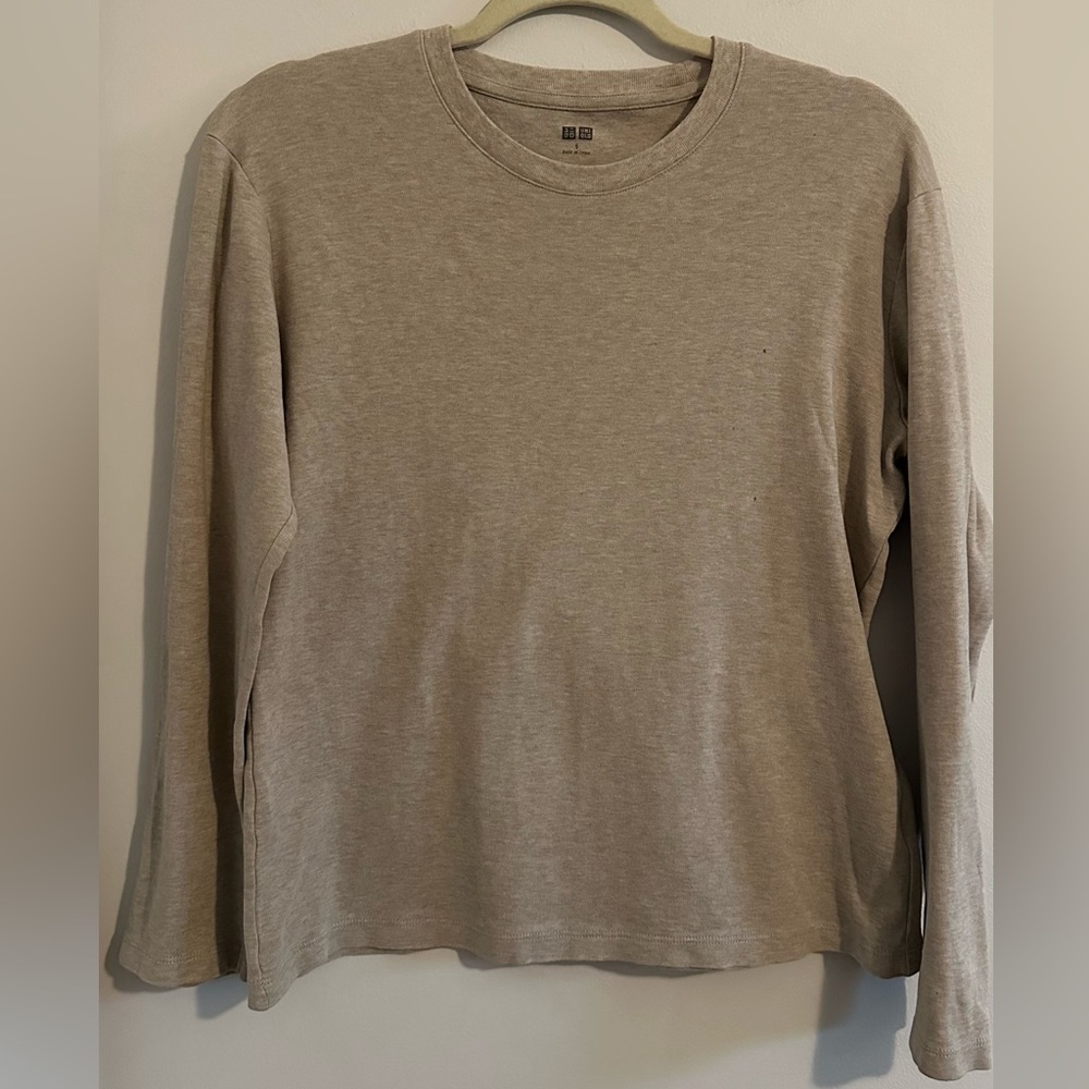 Uniqlo 100% Cotton Long Sleeve Tee | Size S | Beige Neutral Minimal Everyday